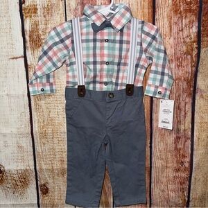 🆕NWT Carters Plaid Shirt and Suspender Pants Set Baby boy size 6 months